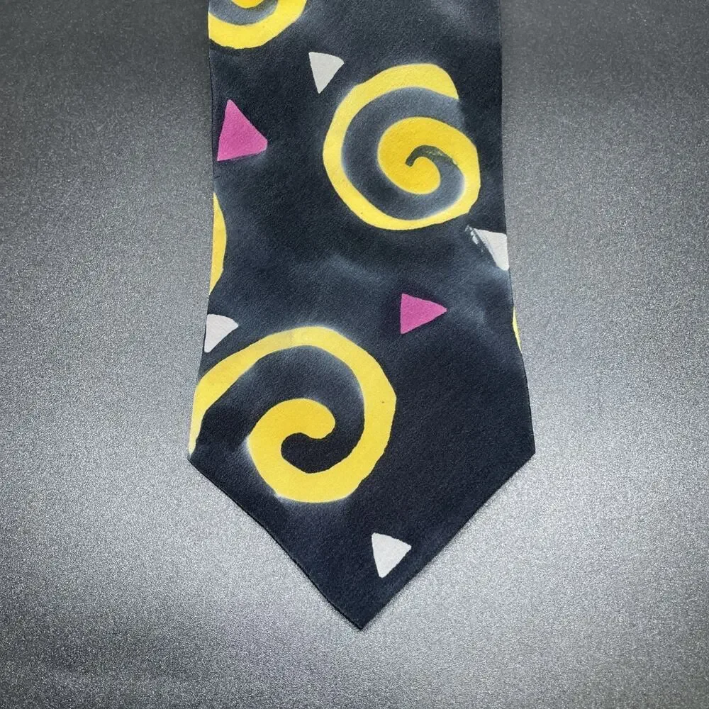 Vtg Marienbad Abstract Swirl Necktie Black Yellow Pink Designer 3.75” Artwear